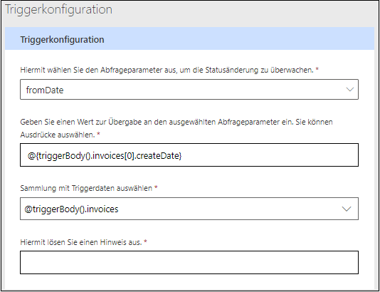 Screenshot des Abschnitts „Triggerkonfiguration“ mit Werten
