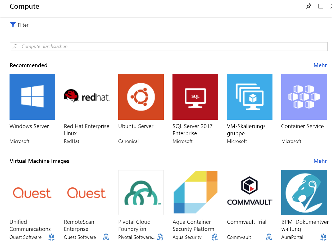 Screenshot der Liste von virtuellen Computern in Azure Marketplace.