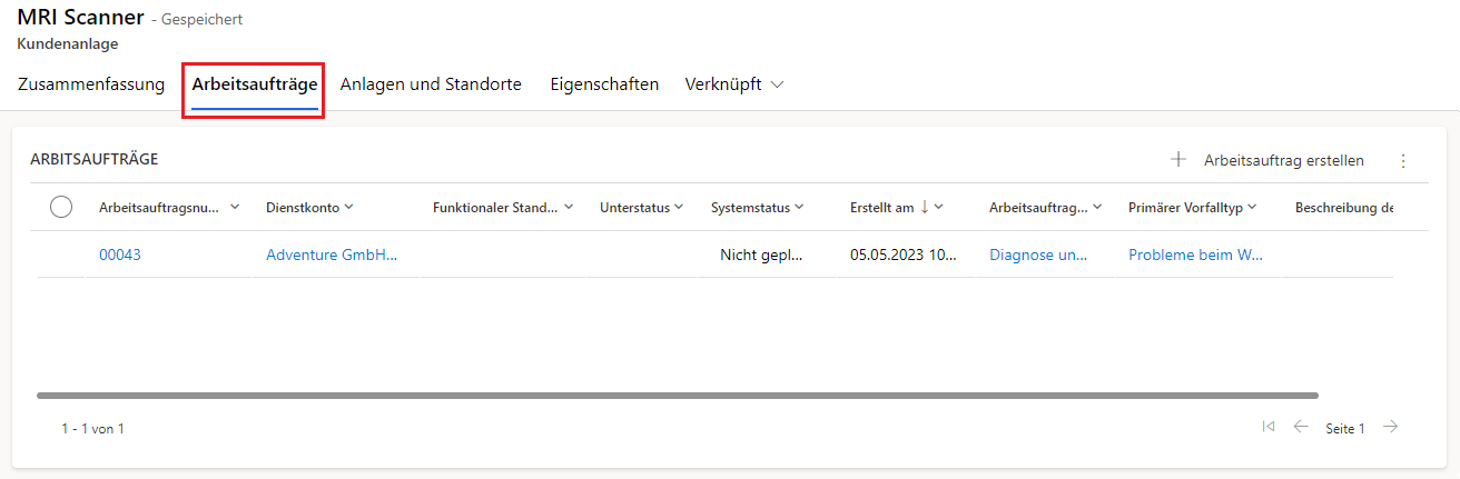 Screenshot des Abschnitts „Verknüpfte Arbeitsaufträge“ der Kundenanlage