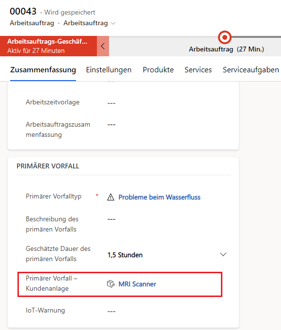 Screenshot der Auswahl der primären Vorfallskundenanlage auf der Arbeitsauftragsanzeige.