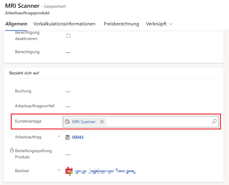 Screenshot der Registerkarte „Produkt bezieht sich auf“ im Arbeitsauftrag