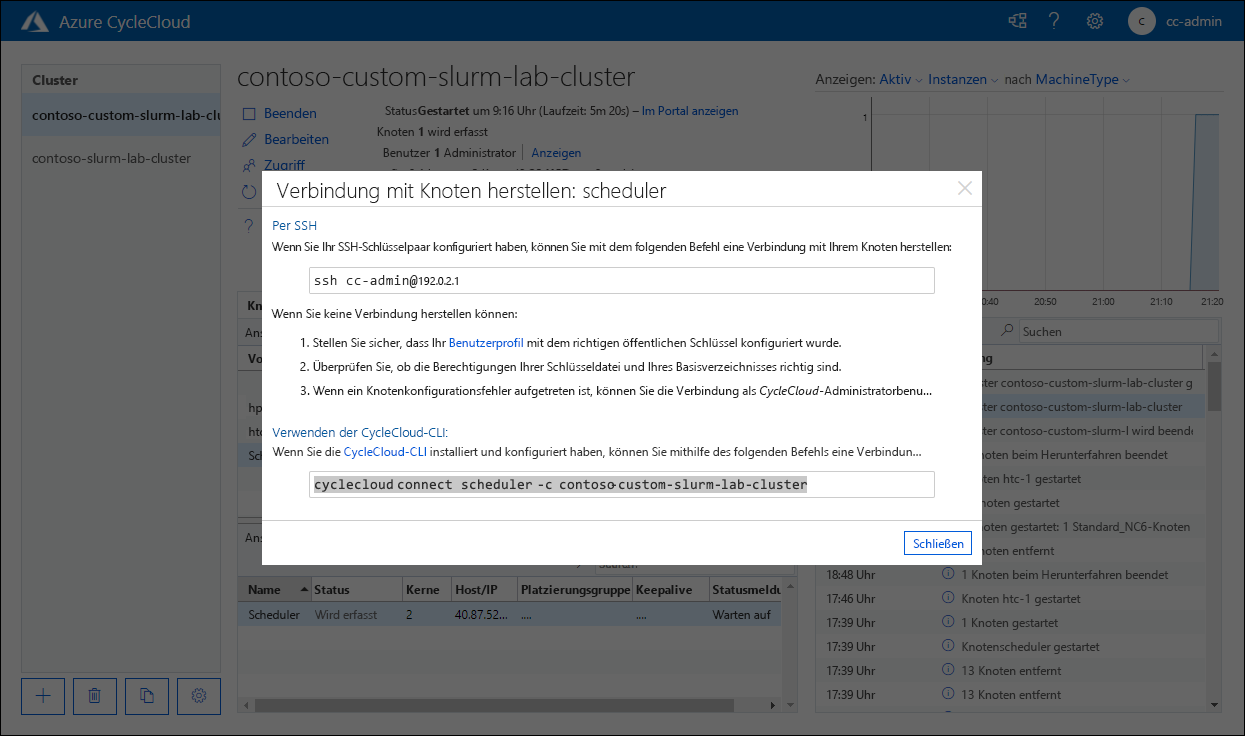 Screenshot : Popupfenster „Verbindung mit Knoten herstellen: Scheduler“ in der Azure CycleCloud-Webanwendung