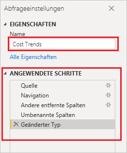 Screenshot der Registerkarte „Abfrageeinstellungen“, wobei der Name auf „Cost Trends“ festgelegt ist