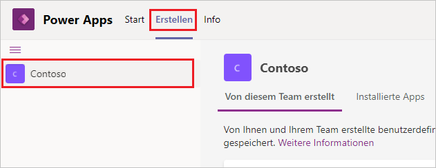 Screenshot der Registerkarte „Erstellen“ in Power Apps mit dem hervorgehobenen Contoso-Team
