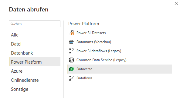 Screenshot der Seite „Daten abrufen“ mit Auswahl von Microsoft Power Platform und hervorgehobenem Dataverse