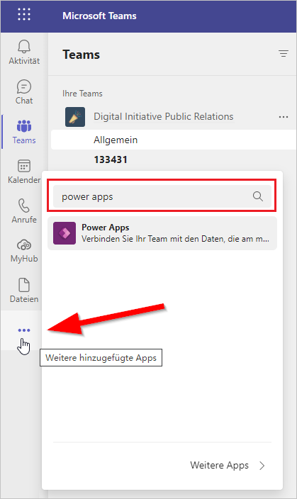 Screenshot der Auslassungspunkte „Weitere hinzugefügte Apps“ mit hervorgehobener Suchleiste