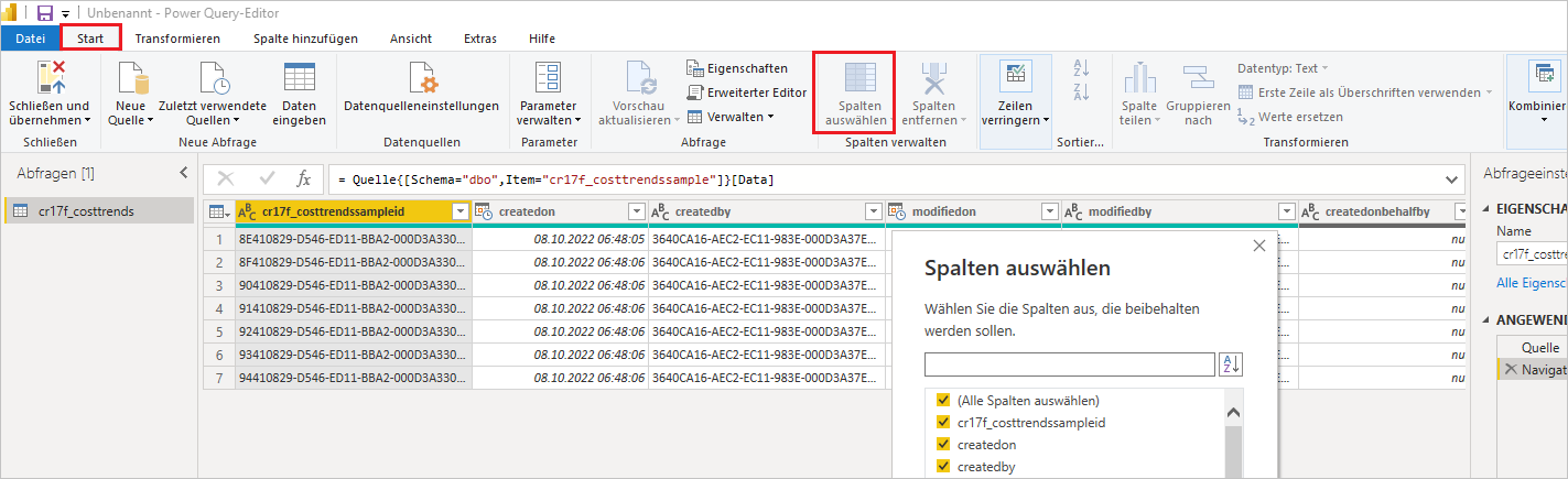 Screenshot des Menübands „Start“ des Power Query-Editors mit aktivierter Option „Spalten auswählen“