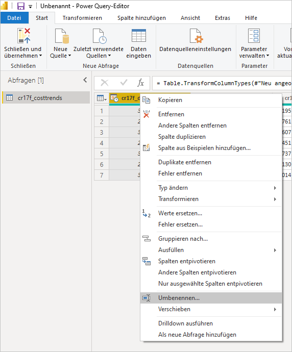 Screenshot des Power Query-Editor mit Kontextmenü des ersten Spaltennamens und ausgewählter Option „Umbenennen“