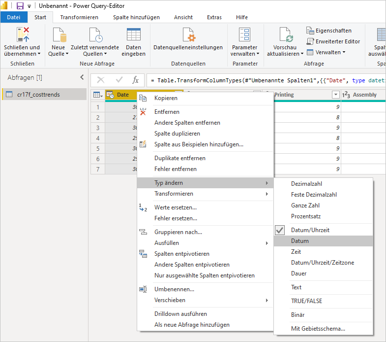 Screenshot des Power Query-Editors mit Kontextmenü der Datumsspalte und ausgewählter Option „Typ ändern“ sowie markiertem Datum