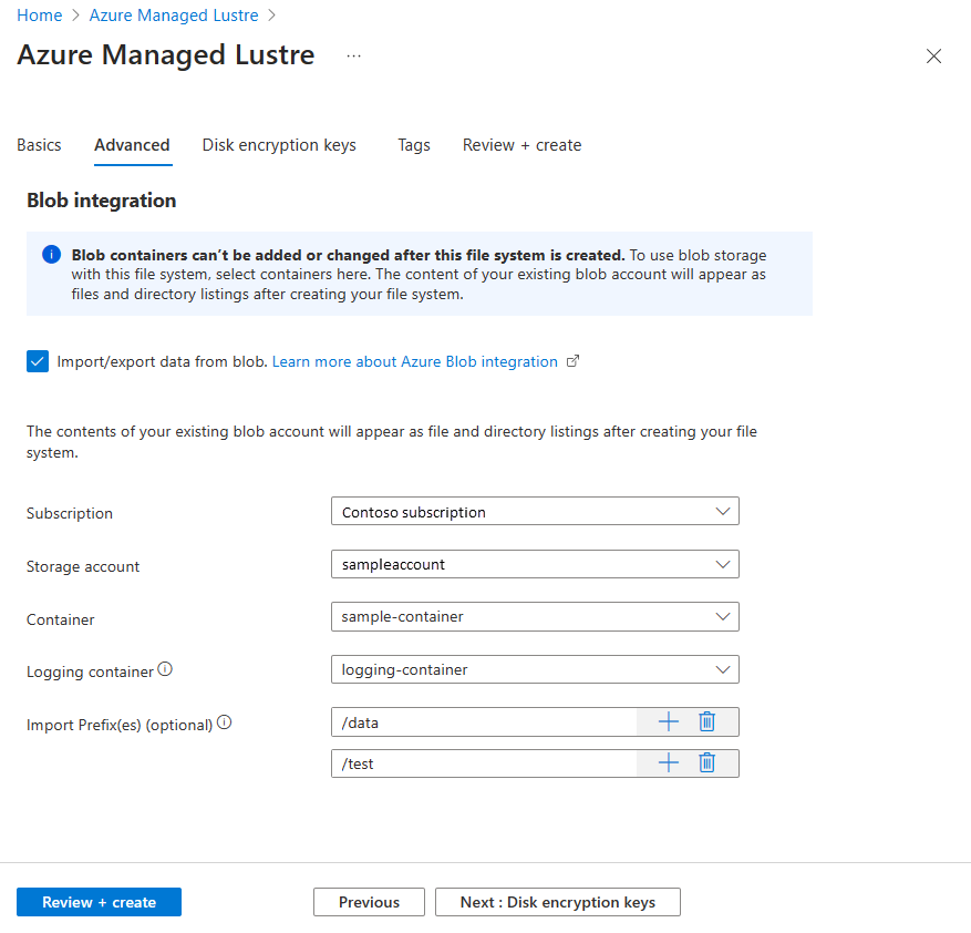 Screenshot: Alle BLOB-Integrationseinstellungen auf der Registerkarte „Erweitert“ im Rahmen der Azure Managed Lustre-Erstellung