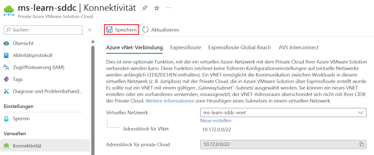Screenshot: Auswählen des virtuellen Netzwerks in Azure vNet Connect und Speichern der Konfiguration.