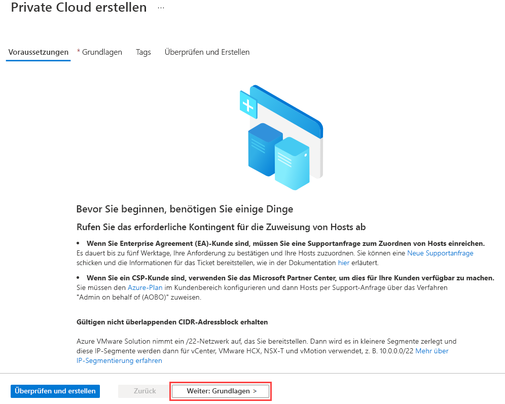 Screenshot: Bereich mit den Voraussetzungen vor dem Erstellen der Azure&nbsp;VMware&nbsp;Solution-Umgebung als Private Cloud in Azure.