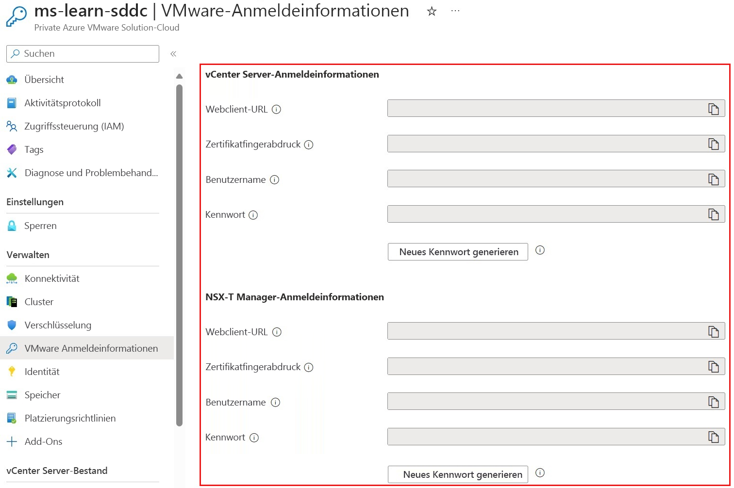 Screenshot: Seite im Azure-Portal mit den angezeigten Anmeldeinformationen nach der Bereitstellung von Azure VMware Solution