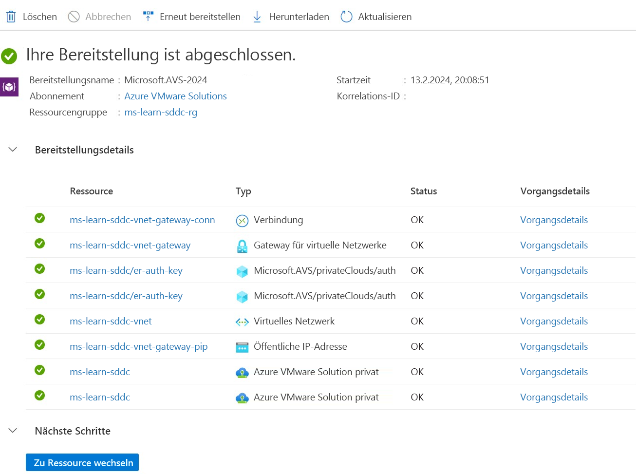 Screenshot der abgeschlossenen Seite „Bereitstellung“.
