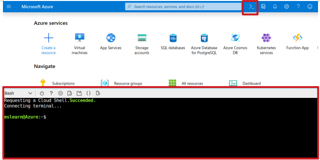 Screenshot, der zeigt, wie Sie eine Verbindung mit Azure Cloud Shell herstellen.