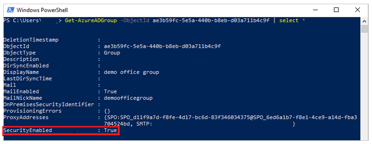 Screenshot von Windows PowerShell, auf dem die Eigenschaft „SecurityEnabled“ auf „True“ gesetzt ist.