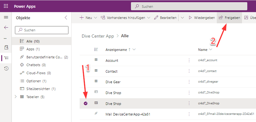 Screenshot von Power Apps, auf dem die modellgesteuerte App und die Schaltfläche „Freigeben“ hervorgehoben sind