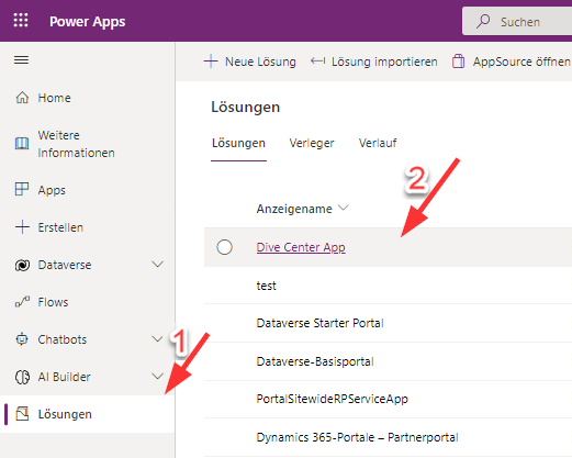 Screenshot der Lösungsseite in Power Apps mit hervorgehobener Dive Center App-Lösung