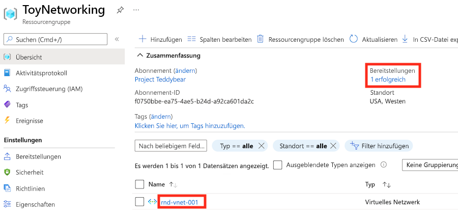 Screenshot of the Azure portal, showing the ToyNetworking resource group.