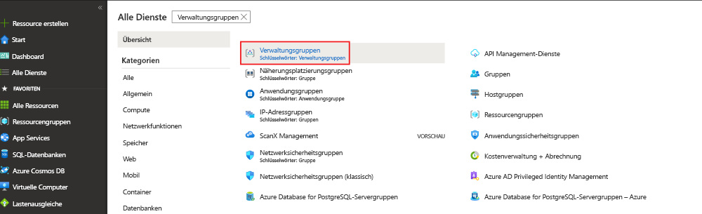 Screenshot of the Azure portal interface showing the service list with 'Management groups' highlighted.