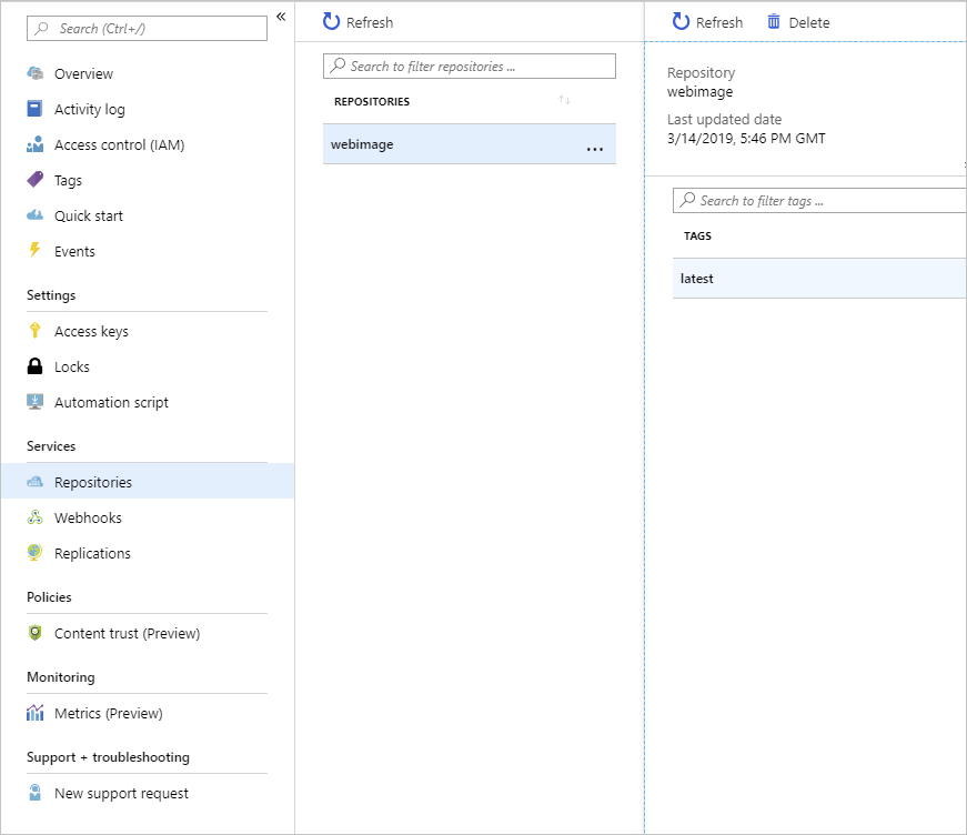 Screenshot mit in Azure Container Registry hochgeladenen Repositorys und Images