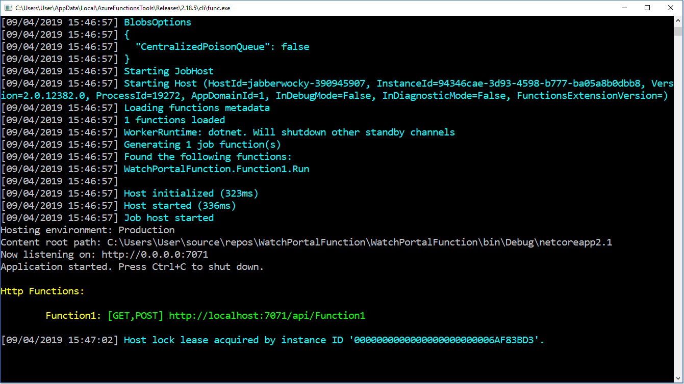 Screenshot der Azure Functions-Runtime – Beispiel 1
