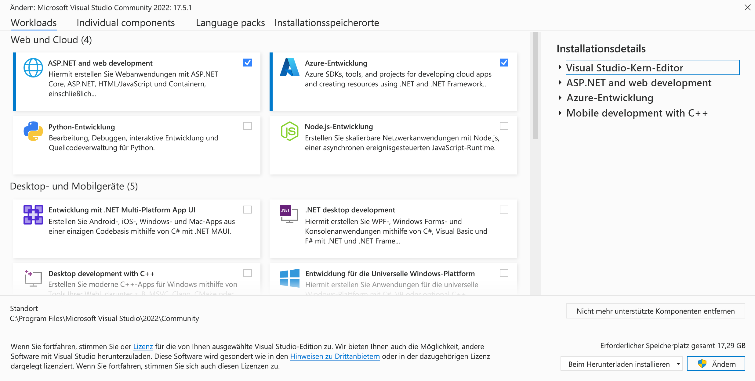 Screenshot: Die Registerkarte Visual Studio Community 2022-Workloads ändern mit den hervorgehobenen Optionen ASP.NET und Webentwicklung und Azure-Entwicklung
