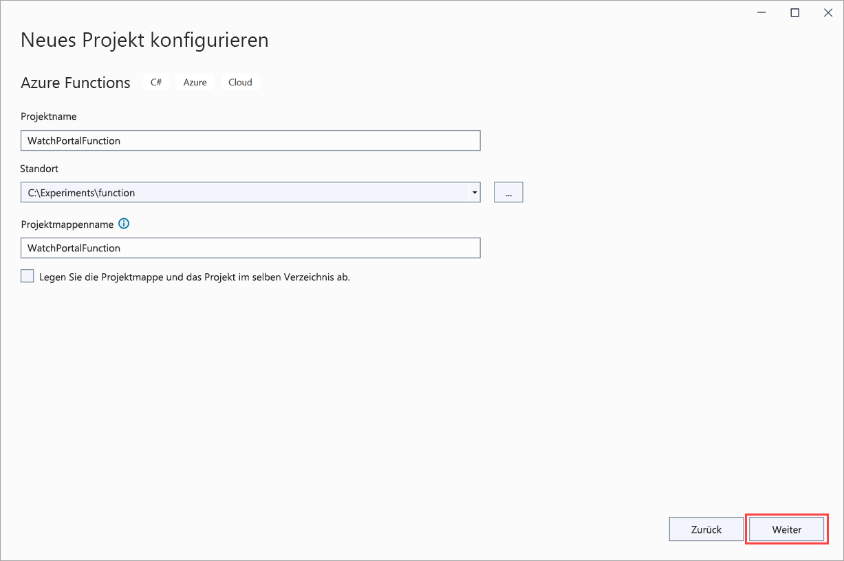 Screenshot: Die Seite „Neues Projekt konfigurieren“ mit hervorgehobener „Erstellen“-Schaltfläche