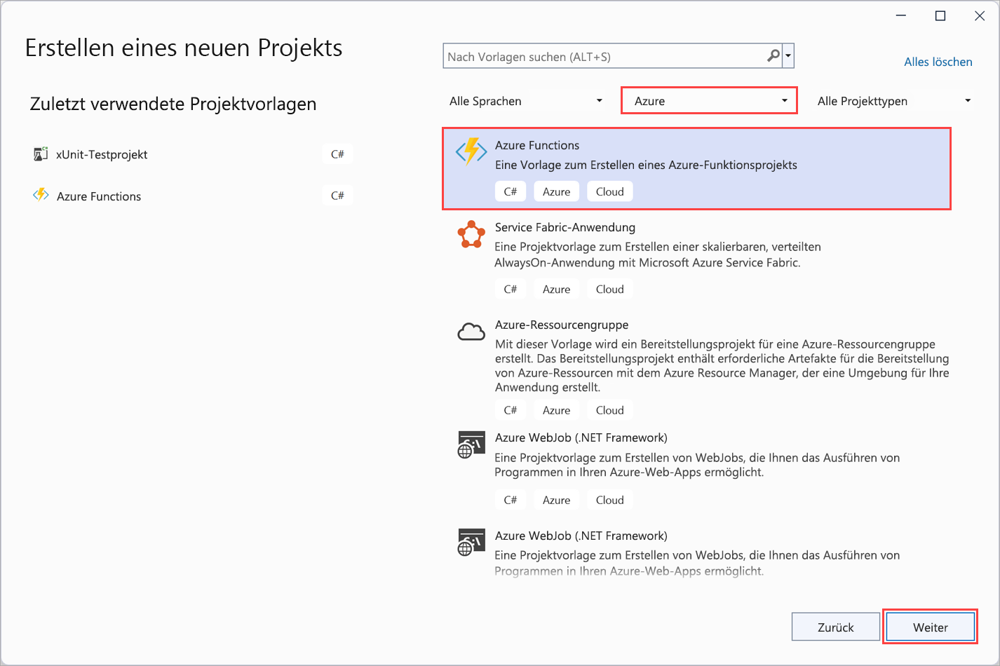 Screenshot: Die Seite „Neues Projekt erstellen“ in Visual Studio 2022 mit hervorgehobener Azure Functions-Vorlage