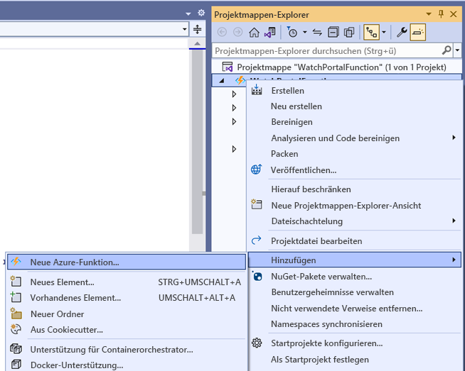 Screenshot: Fenster des Projektmappen-Explorers. Die Benutzerin bzw. der Benutzer hat „Hinzufügen“ > „Neue Azure-Funktion“ ausgewählt.