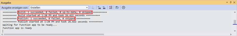 Screenshot: Das Ausgabefenster in Visual Studio. Die Ausgabemeldungen geben an, dass die Funktionen erfolgreich veröffentlicht wurden.