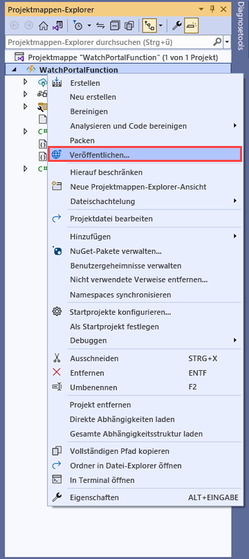 Screenshot: Visual Studio mit der Option „Veröffentlichen“ für das Projekt WatchPortalFunctions