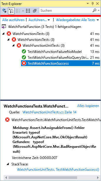 Screenshot: Fenster „Team Explorer“. Fehler beim Test „TestWatchFunctionSuccess“.