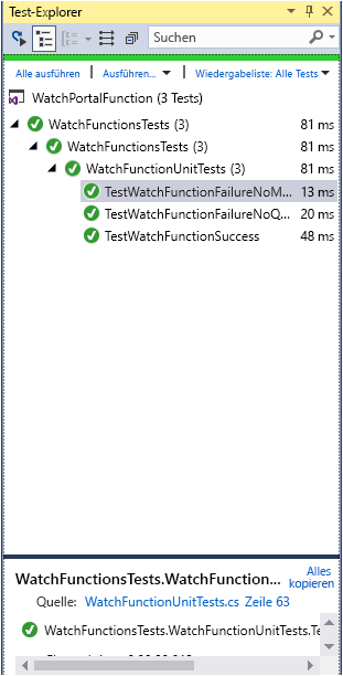 Screenshot: Fenster „Team Explorer“. Alle drei Tests wurden erfolgreich ausgeführt.