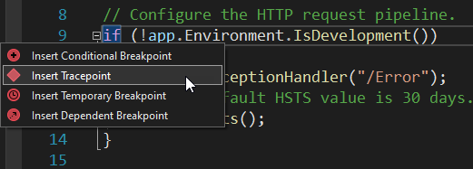 Screenshot des Einfügens eines Tracepunkts.