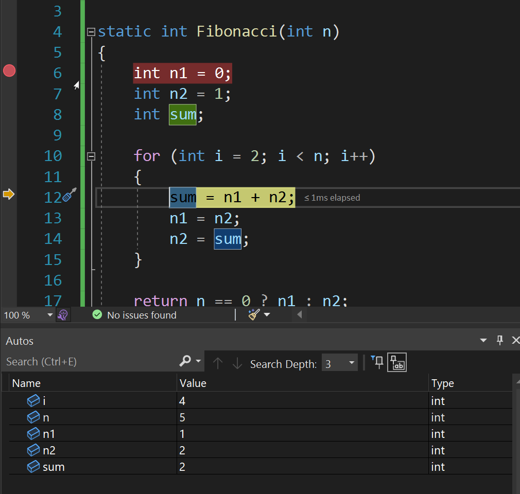Screenshot: Fenster „Auto“ in Visual Studio