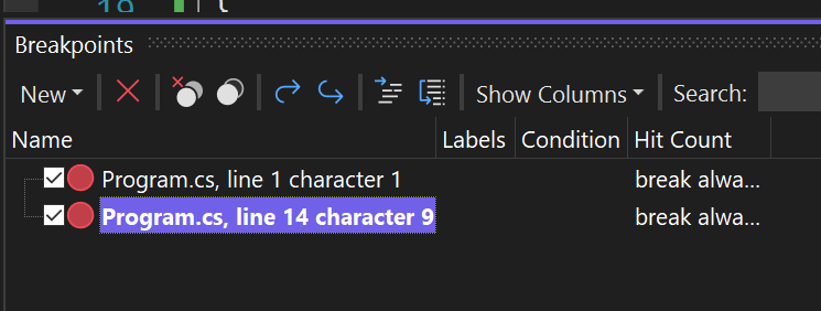 Screenshot mit den im Bereich „Haltepunkte“ aufgeführten Haltepunkten