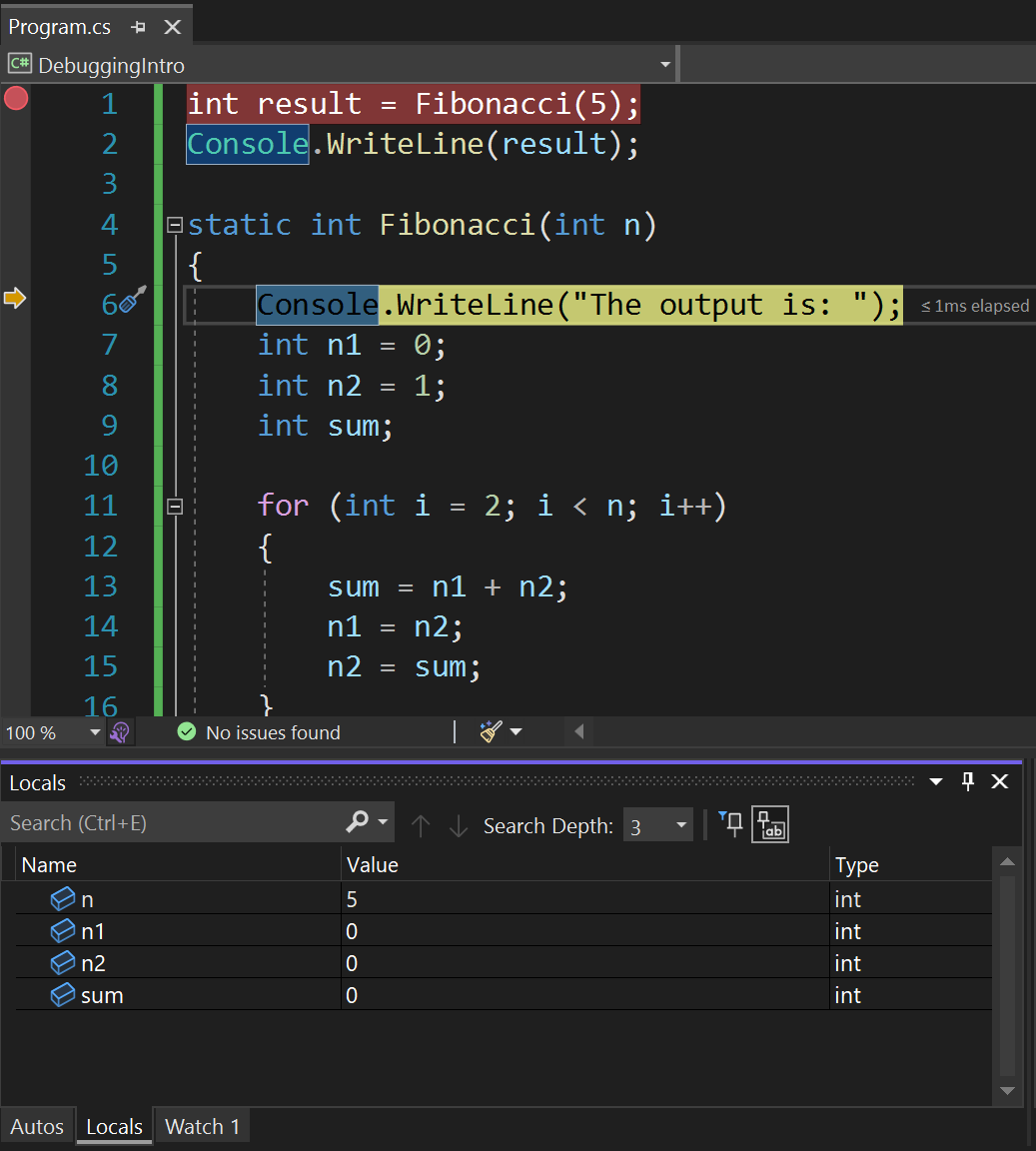 Screenshot des Panels „Lokale Variablen“