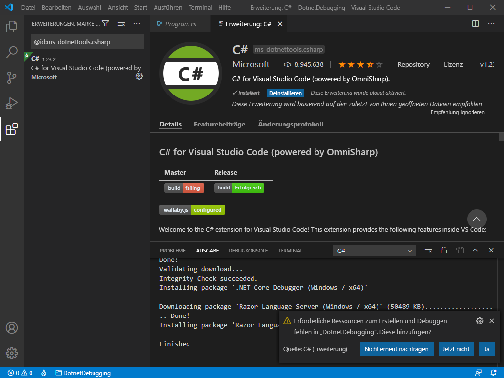 Screenshot der Visual Studio Code-Aufforderung zum Hinzufügen erforderlicher Ressourcen zum Erstellen und Debuggen des .NET-Projekts.
