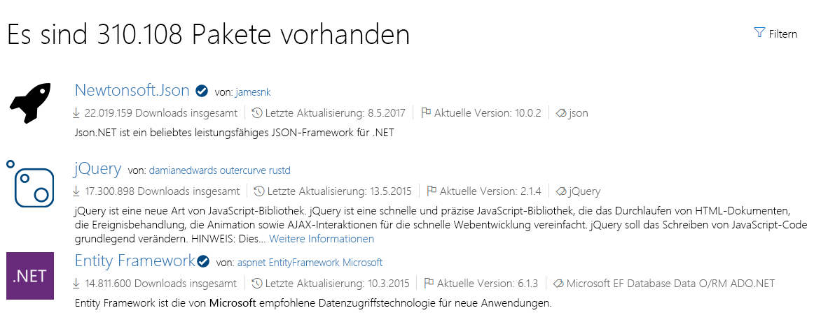 Screenshot: Liste beliebter Pakete auf NuGet.org