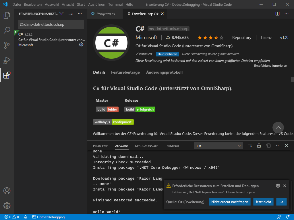 Screenshot: Visual Studio Code-Eingabeaufforderung für erforderliche Ressourcen