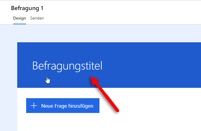 In der Designansicht „Premium-Support-Umfrage“ zeigt ein Pfeil auf den Titel „Neue Umfrage“.