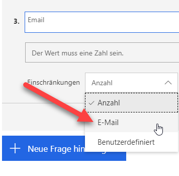 In der Dropdownliste „Einschränkungen“ werden Optionen für Nummer, E-Mail und Benutzerdefiniert angezeigt. Ein Pfeil zeigt auf die E-Mail-Einschränkung.