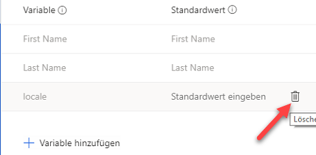 In der Liste der Variablen ist die Gebietsschemavariable ausgewählt und ein Pfeil zeigt auf die Schaltfläche „Löschen“.