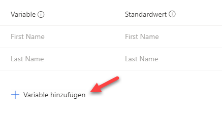 Unterhalb der Liste der Variablen zeigt ein Pfeil auf „Variable hinzufügen“.
