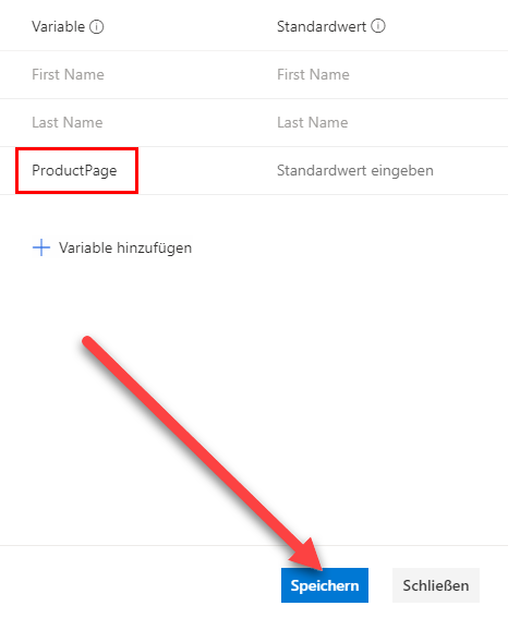 Wenn der neue Variablenname auf „ProductPage“ festgelegt ist, zeigt ein Pfeil auf die Schaltfläche „Speichern“.