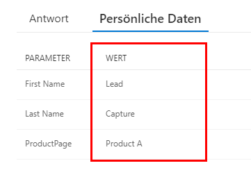 Auf der Registerkarte „Personalisierte Daten“ werden die übergebenen Werte angezeigt: Der Vorname lautet