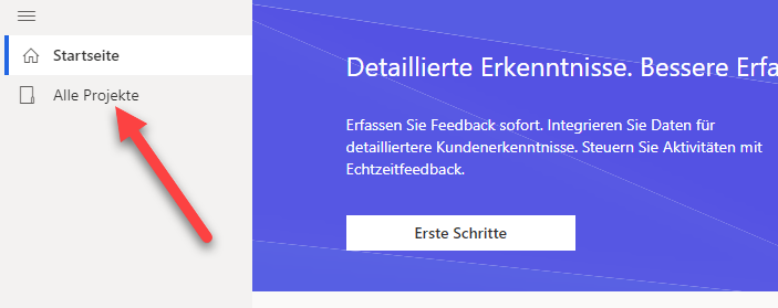 Auf der Registerkarte „Start“ zeigt ein Pfeil auf das Navigationsmenü der Registerkarte „Alle Projekte“