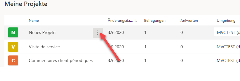 In der Liste „Meine Projekte“ ist „Neues Projekt ausgewählt, und ein Pfeil zeigt auf die Auslassungs-Schaltfläche daneben.