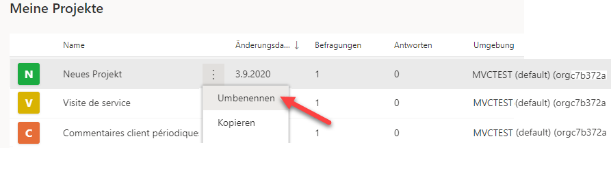 Die Auslassungsschaltfläche ist ausgewählt, und im Dropdownmenü zeigt ein Pfeil auf „Umbenennen“.